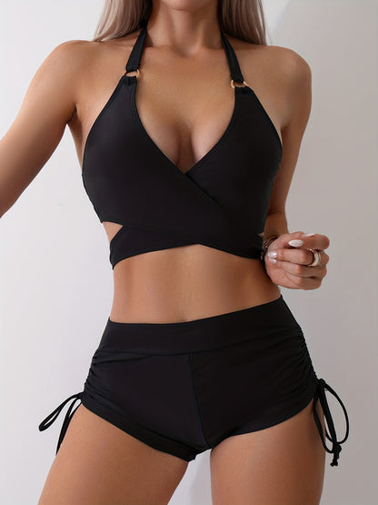 Elegant Black Halter V-Neck Bikini Set: Stretchy, No-Sheer Fabric with Tie-Side Boxer Bottoms & Cross Strap Detail