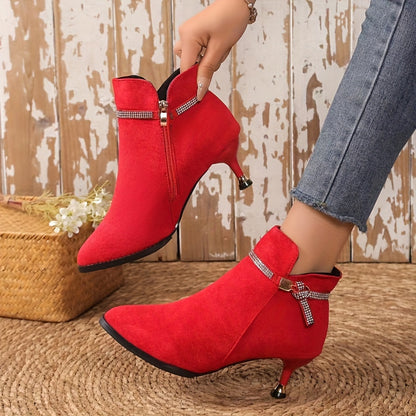 [Metal Buckle Ankle Boots] Velour Thick Pointed Mid-Heels Metal Buckle Ankle Boots - Autumn and Winter Fashion Women's Boots