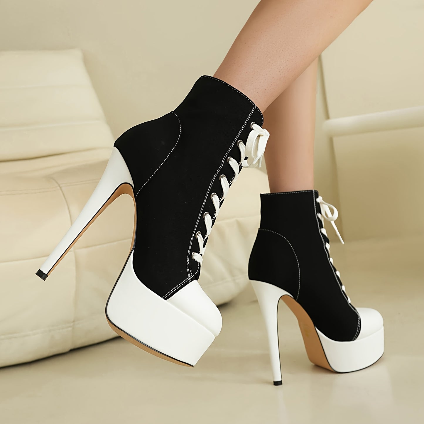 1pr Women's Black and White Lace-Up Ankle Boots, Round Toe Stiletto High Heels with Mesh Inner, Rubber Sole, Man-Made Insole - Ultrahigh Heel Fashion Footwear, Highheel Boots | Round Toe Boots | Decorative Stitching, Stiletto