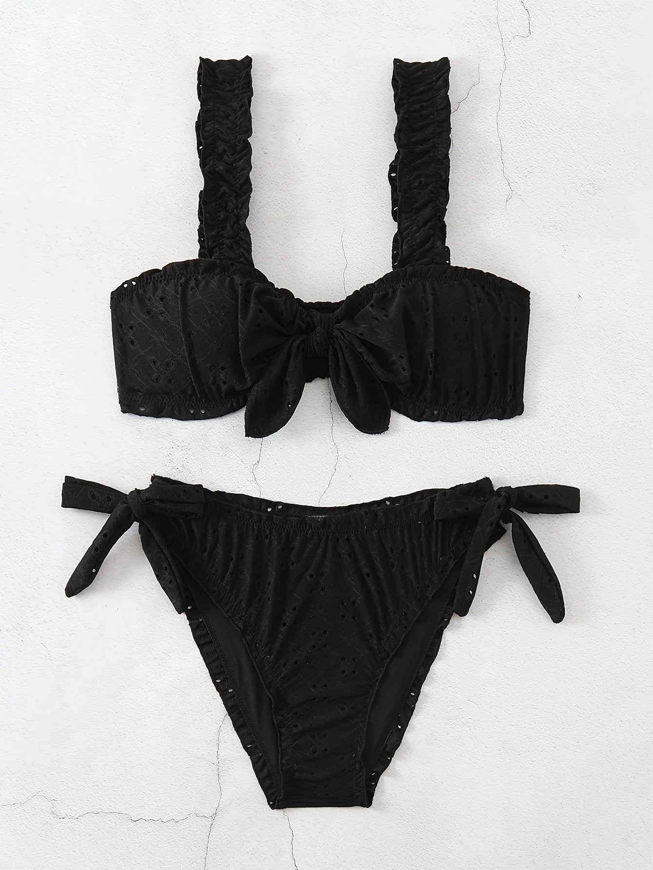 2 Piece Eyelet Embroidery Frill Stretchy Knot Bikini Set - Cute, Comfortable, and Chic Women's Swimwear with Plain White Color - Perfect for Beach, Pool, and Summer Vacation