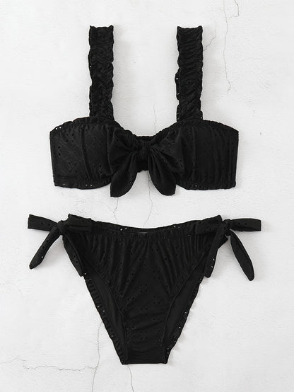 2 Piece Eyelet Embroidery Frill Stretchy Knot Bikini Set - Cute, Comfortable, and Chic Women's Swimwear with Plain White Color - Perfect for Beach, Pool, and Summer Vacation