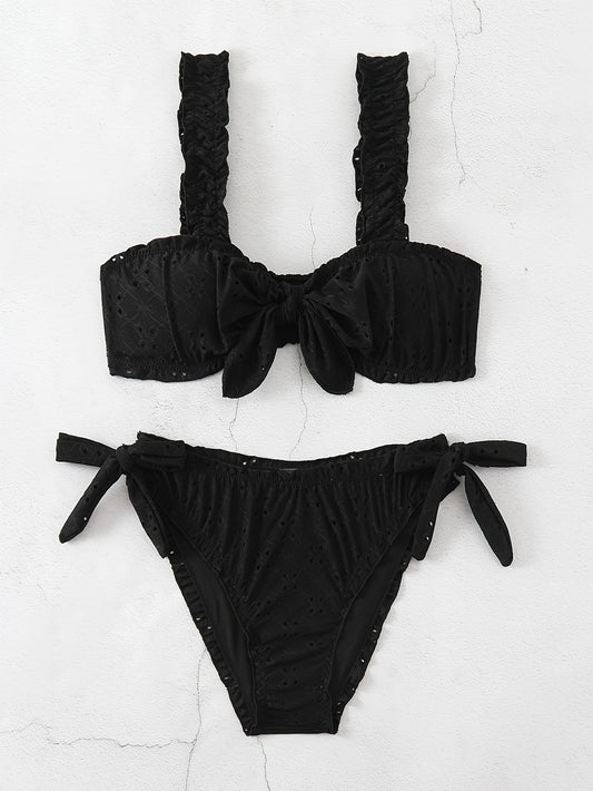 2 Piece Eyelet Embroidery Frill Stretchy Knot Bikini Set - Cute, Comfortable, and Chic Women's Swimwear with Plain White Color - Perfect for Beach, Pool, and Summer Vacation