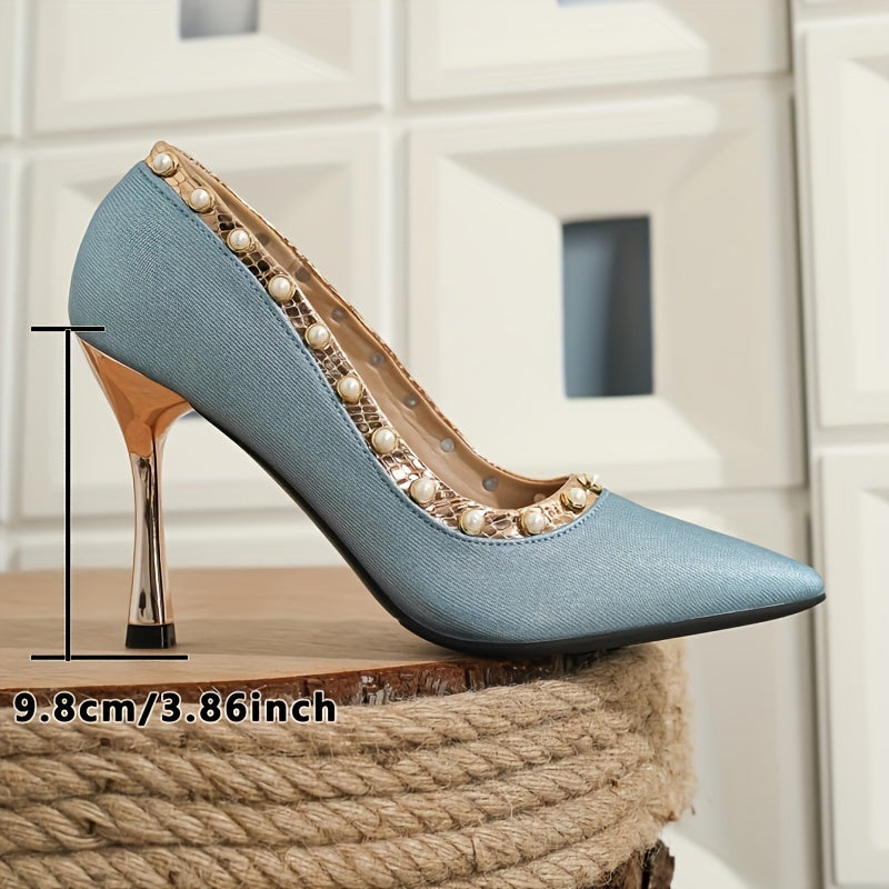 Elegant Peacock Blue Women'S High Heels with Pearl Studs - Sexy Ramadan Fashion, Versatile Peacock Blue Party Shoes, Lightweight Mid-Height Stiletto Pumps with Pointed Toe and TPR Sole