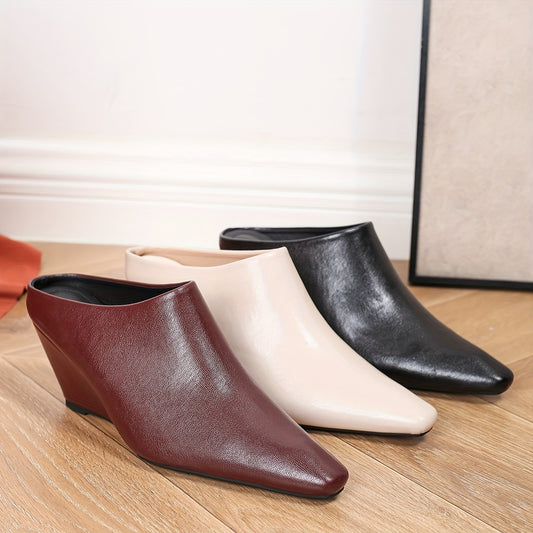 Women's Fashionable Slip-On Mules - Square Toe, Chunky Heel, Versatile Slides in Burgundy, Beige, and Black, Lightweight Synthetic Cover, All-Season Wear, Casual Chic Heels | Slipon High Heels | Durable TPU Sole