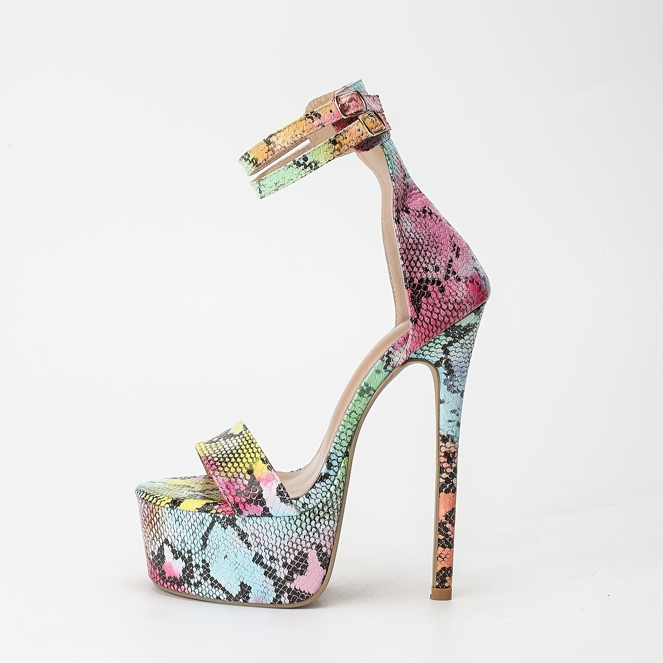 1 Pair European/American Style Multicolor Snakeskin Print Stiletto High Heels, Open Toe Ankle-Strap Buckle Closure, All-Season Fashion Sandals with Waterproof Platform, Man-Made Upper/Inner/Sole/Insole, Non-Washable