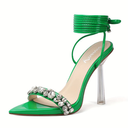 Vivianly Strappy Stiletto Clear High Heels Rhinestone Lace Up Heeled Sandals Pointed Toe Pumps Wedding Bride Dress Shoes