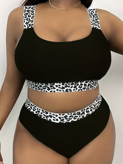 Plus Size Solid Leopard Print Bikini Set