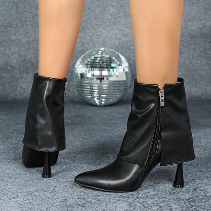 Black pointed high-heeled boots with side zipper cuffs, winter fashion slim heels, midsole boots, short boots for women