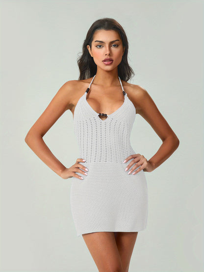 [Casual Summer Dress] Summer Backless Halter Women Mini Dress - Casual Knit Crochet Cutout Bodycon Party Dress for Beach Club Streetwear