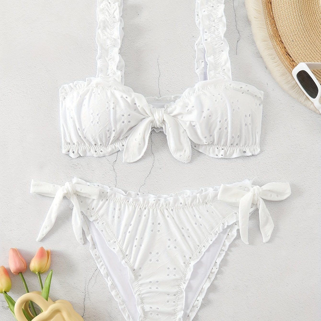 2 Piece Eyelet Embroidery Frill Stretchy Knot Bikini Set - Cute, Comfortable, and Chic Women's Swimwear with Plain White Color - Perfect for Beach, Pool, and Summer Vacation
