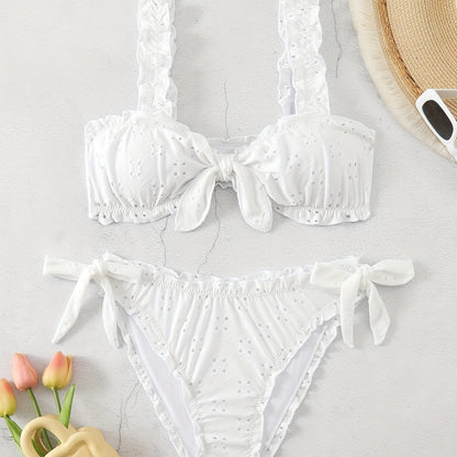 2 Piece Eyelet Embroidery Frill Stretchy Knot Bikini Set - Cute, Comfortable, and Chic Women's Swimwear with Plain White Color - Perfect for Beach, Pool, and Summer Vacation