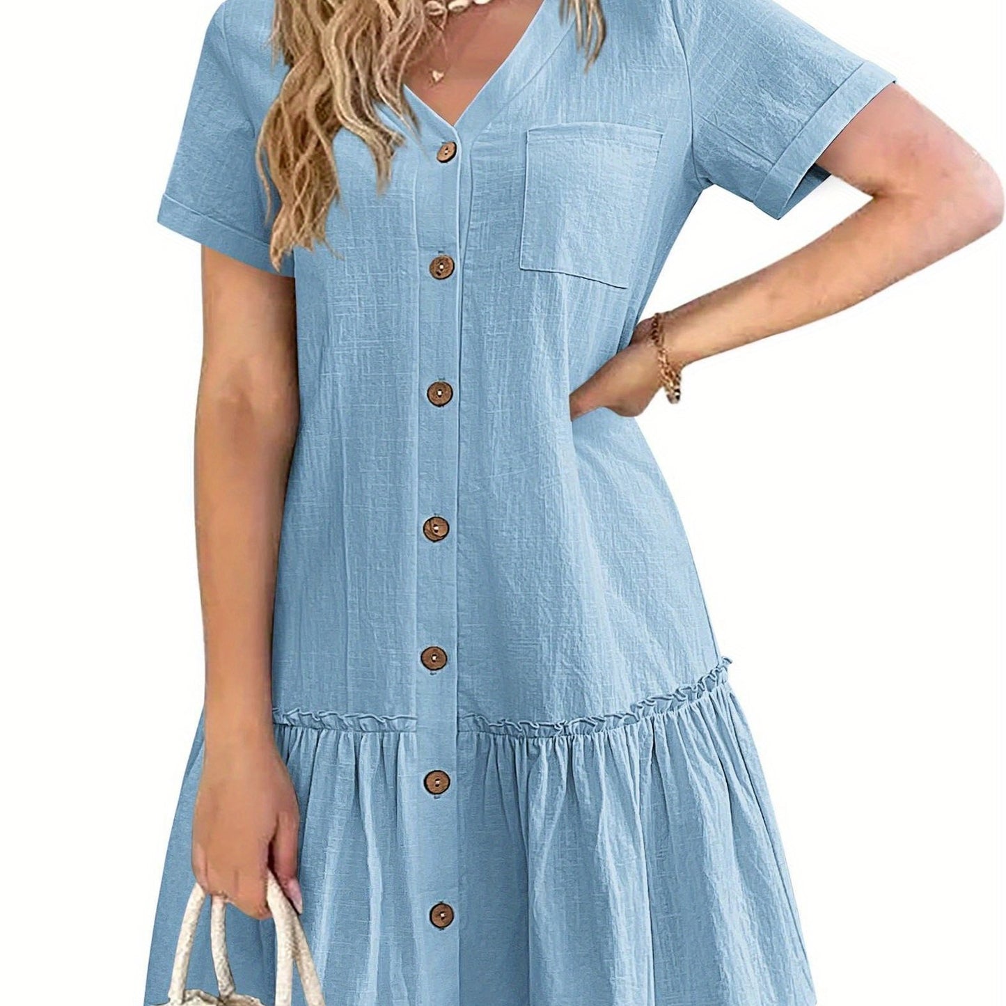 Women's Casual Short Sleeve Button- Dress with Ruffle Hem - Lightweight 300gsm V-Neck Tunic Shirt Dress, Machine Washable Summer Dress for Beach Outings & Casual Wear, Summer Casual Dress | Ruffle Hem Dress | Breathable Fabri