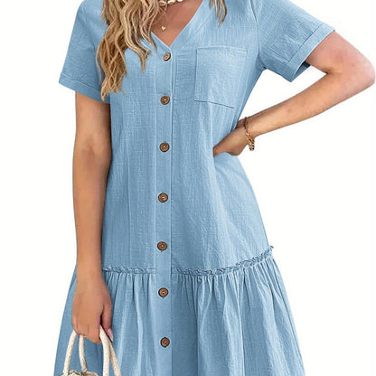 Women's Casual Short Sleeve Button- Dress with Ruffle Hem - Lightweight 300gsm V-Neck Tunic Shirt Dress, Machine Washable Summer Dress for Beach Outings & Casual Wear, Summer Casual Dress | Ruffle Hem Dress | Breathable Fabri
