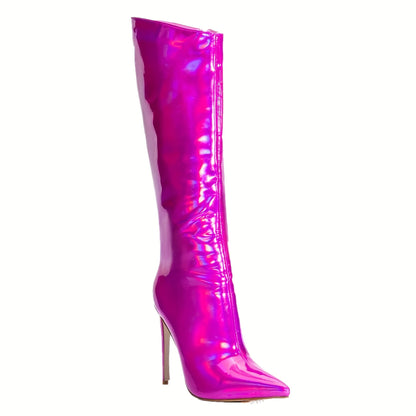 Women's Illusion Color Wrinkles Tall Boots Fashion High Heels Thin Heels Side Zipper Shoes Ladies Shiny Winter Pleated Long Boots