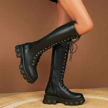 Women's Black Knee High Boots, Laces Up Eyelets Round Toe Long Boots, Sawtooth Sole Flat Heels Shoes