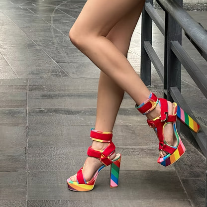 Chic Rainbow Platform High Heels for Women - Open Toe, Ankle Strap Wedge Sandals with Hook-and-loop Fastener Closure, Comfortable & Stylish for Prom, Weddings, and Summer Parties
