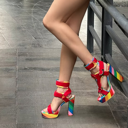 Chic Rainbow Platform High Heels for Women - Open Toe, Ankle Strap Wedge Sandals with Hook-and-loop Fastener Closure, Comfortable & Stylish for Prom, Weddings, and Summer Parties