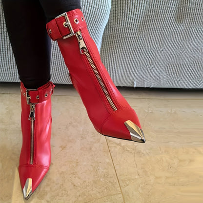 Fashion Womens Ankle Boots Metal Pointed Toe Stiletto Heel Boots Sexy Buckle Strap Boots Nightclub Dress High Heels Boots Women