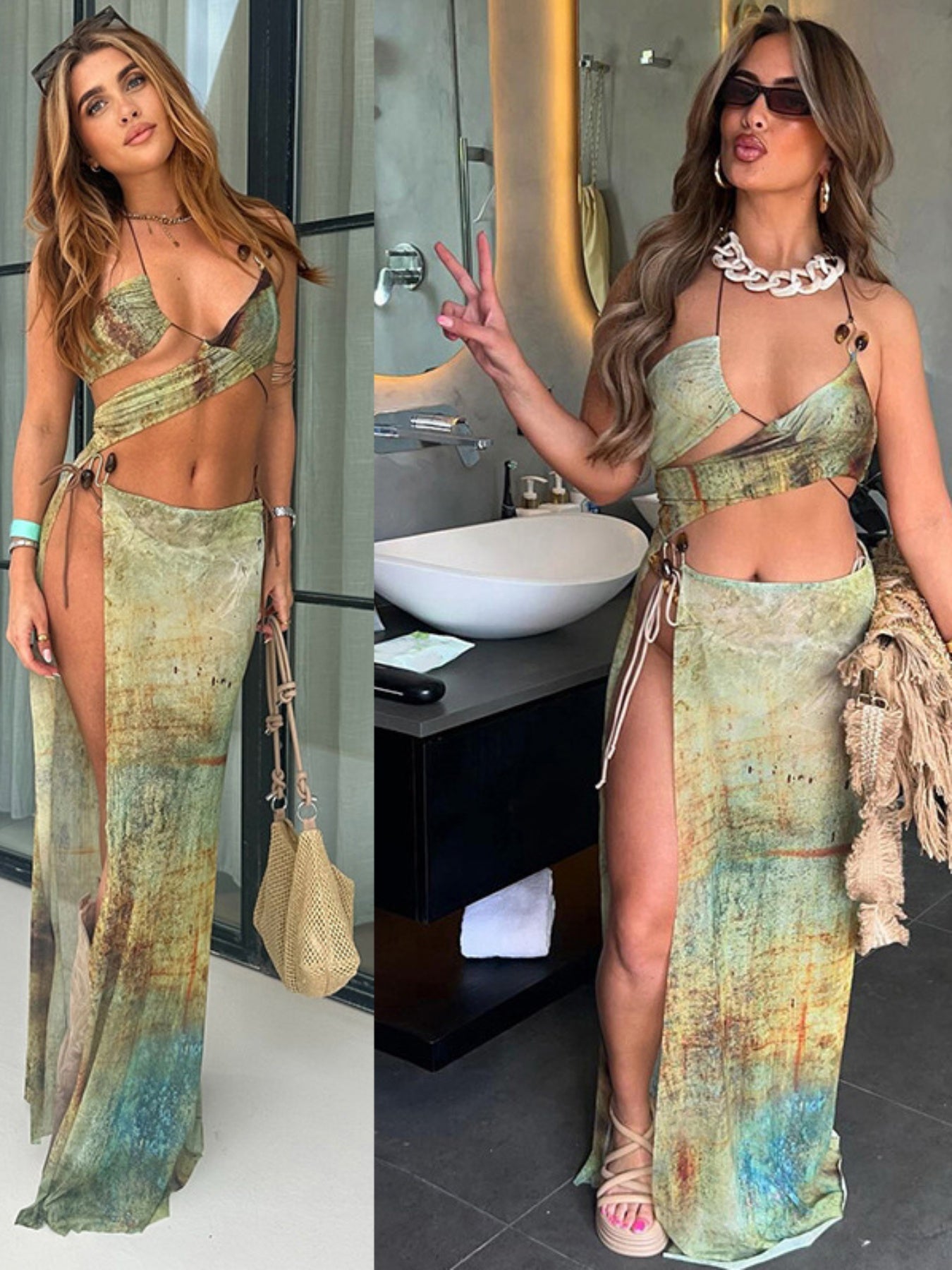 Women's Bohemian Tie-Dye Flowy Long Dress - Halter Neck, Cut-Out Details & S-Shaped Ring Embellishments, Semi-Sheer Sleeveless Summer Dress for Beach Parties & Casual Outings, Casual Summer Wear | Summer Style | Elegant Drape
