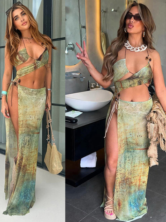 Women's Bohemian Tie-Dye Flowy Long Dress - Halter Neck, Cut-Out Details & S-Shaped Ring Embellishments, Semi-Sheer Sleeveless Summer Dress for Beach Parties & Casual Outings, Casual Summer Wear | Summer Style | Elegant Drape