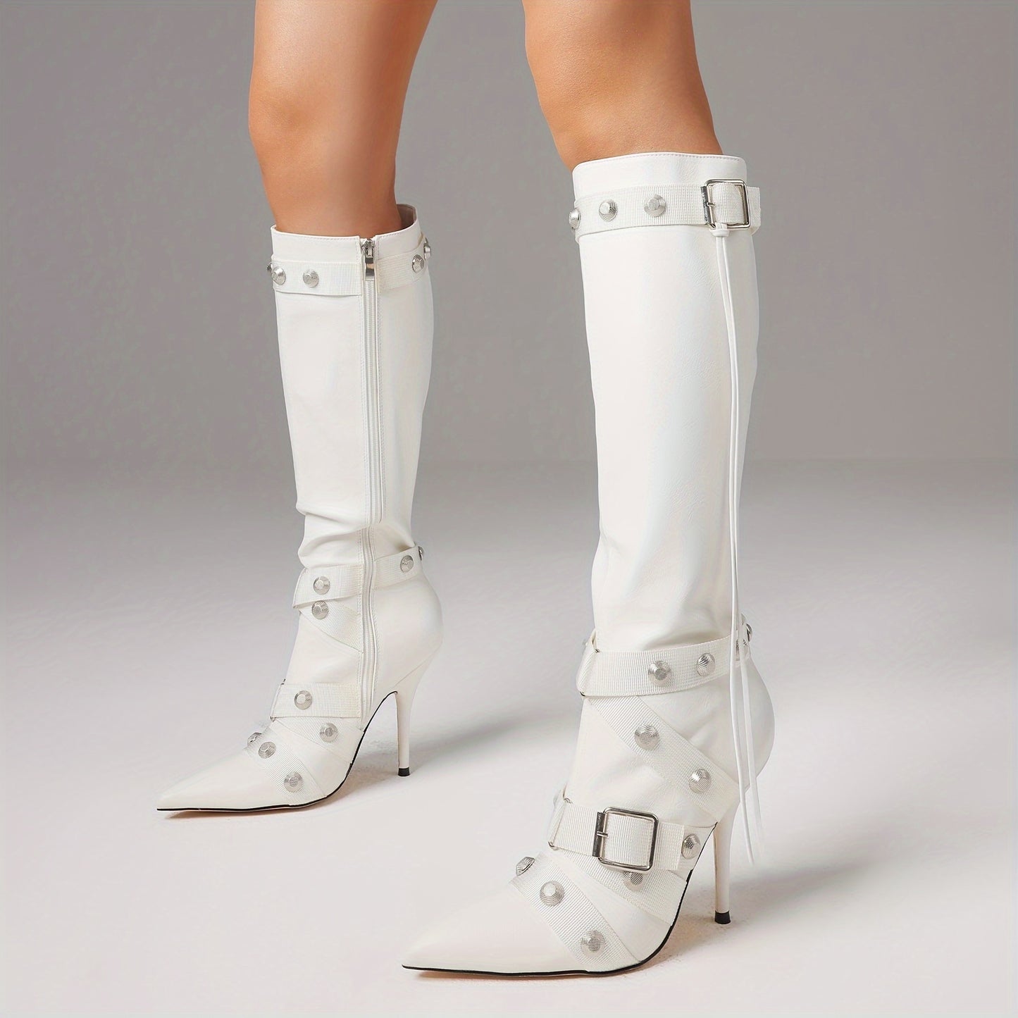 Stiletto Boots For Women, Knee High Boots Pointy Toe High Heels, Side Zipper Bucke Revets Tassel Boots, Ladies Dressy Party Boots