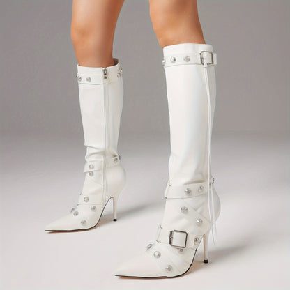 Stiletto Boots For Women, Knee High Boots Pointy Toe High Heels, Side Zipper Bucke Revets Tassel Boots, Ladies Dressy Party Boots