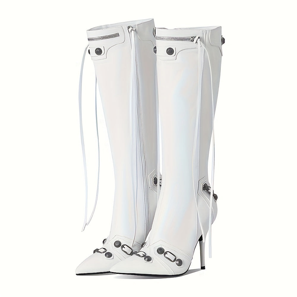 Punk Gothic Women Motorcycle Boots Pointed Toe Knee High Rivets Tassels Stilettos High Heels Sexy Party Nightclub Shoes Woman