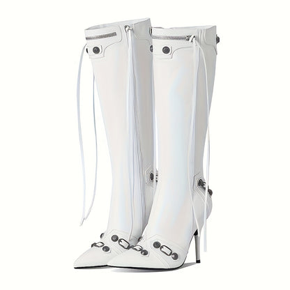 Punk Gothic Women Motorcycle Boots Pointed Toe Knee High Rivets Tassels Stilettos High Heels Sexy Party Nightclub Shoes Woman