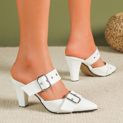 Women's Solid Color Stylish Sandals, Slip On Studded & Buckle Chunky Heels, Point Toe Formal Sandals