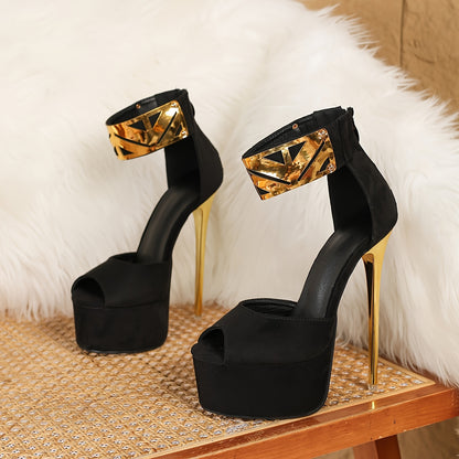 Glamorous Golden Sequin Open-Toe Stiletto Sandals for Women - Fashionable High Heels with Ankle Strap, Non-Washable Velvet Upper & Rubber Sole