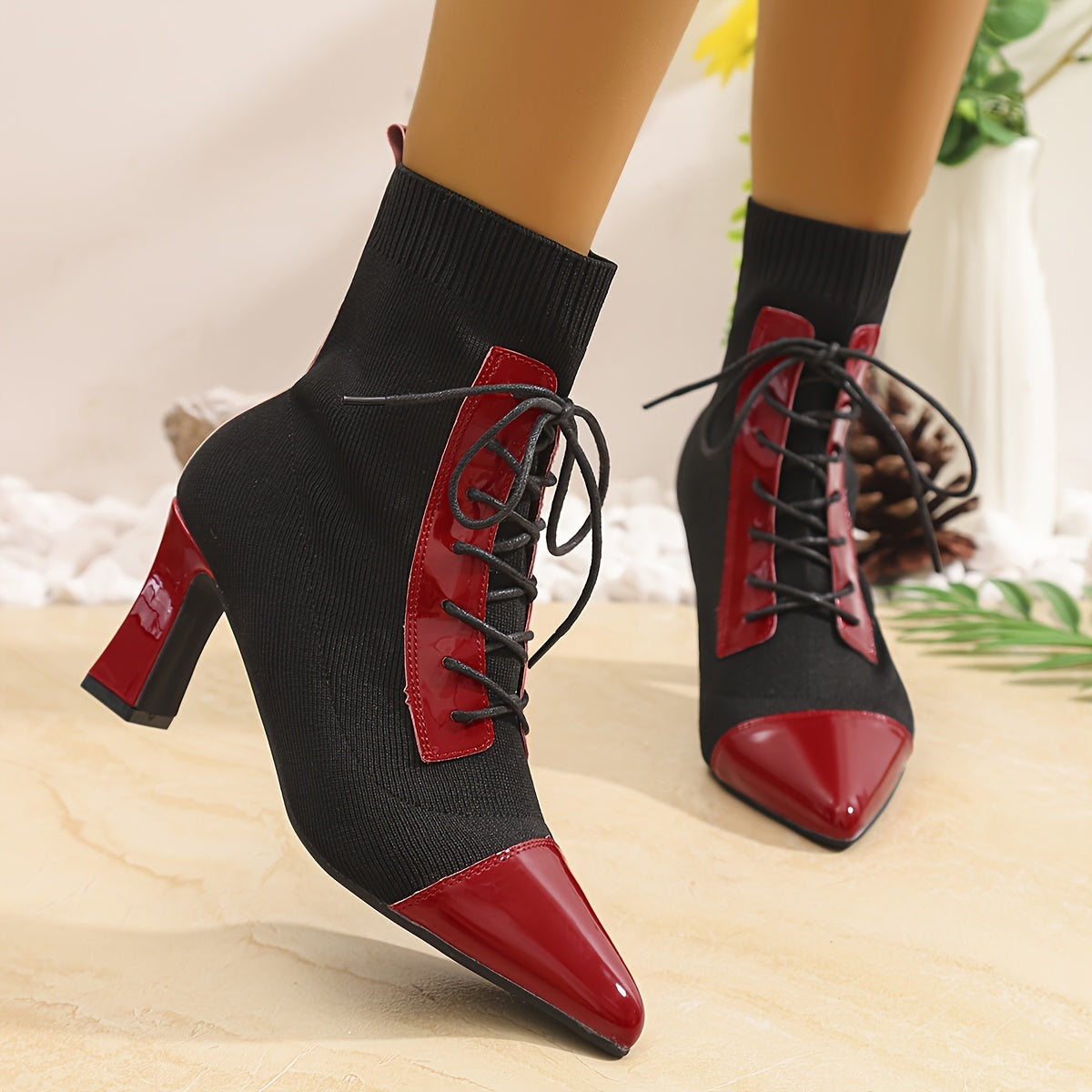 Black and Red Classic Combination Pointed Women's High Heels Short Boots Thick Heels with Adjustable Laces Comfortable Street Shoes Outdoor Boots