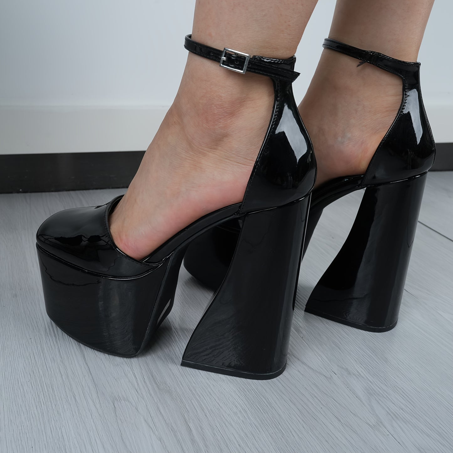 Elegant Square Toe Block Heel Pumps for Women - Solid Color Patent Faux Cover Ankle Strap Mary Jane High Heels with Buckle Closure, All-Season Dress Shoes