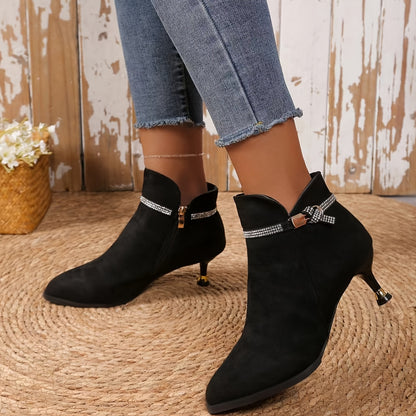 [Metal Buckle Ankle Boots] Velour Thick Pointed Mid-Heels Metal Buckle Ankle Boots - Autumn and Winter Fashion Women's Boots