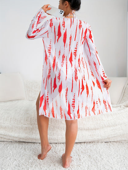 Women'S Strapless Bikini Set with Long Sleeve Cover-Up - High Stretch Polyester & Elastane, Random Print, Knit Fabric, Cross Strap Detail, Swimwear with Shorts Bottom, No Belt, 220g/m² Fabric Weight, 125g/m² Lining Weight