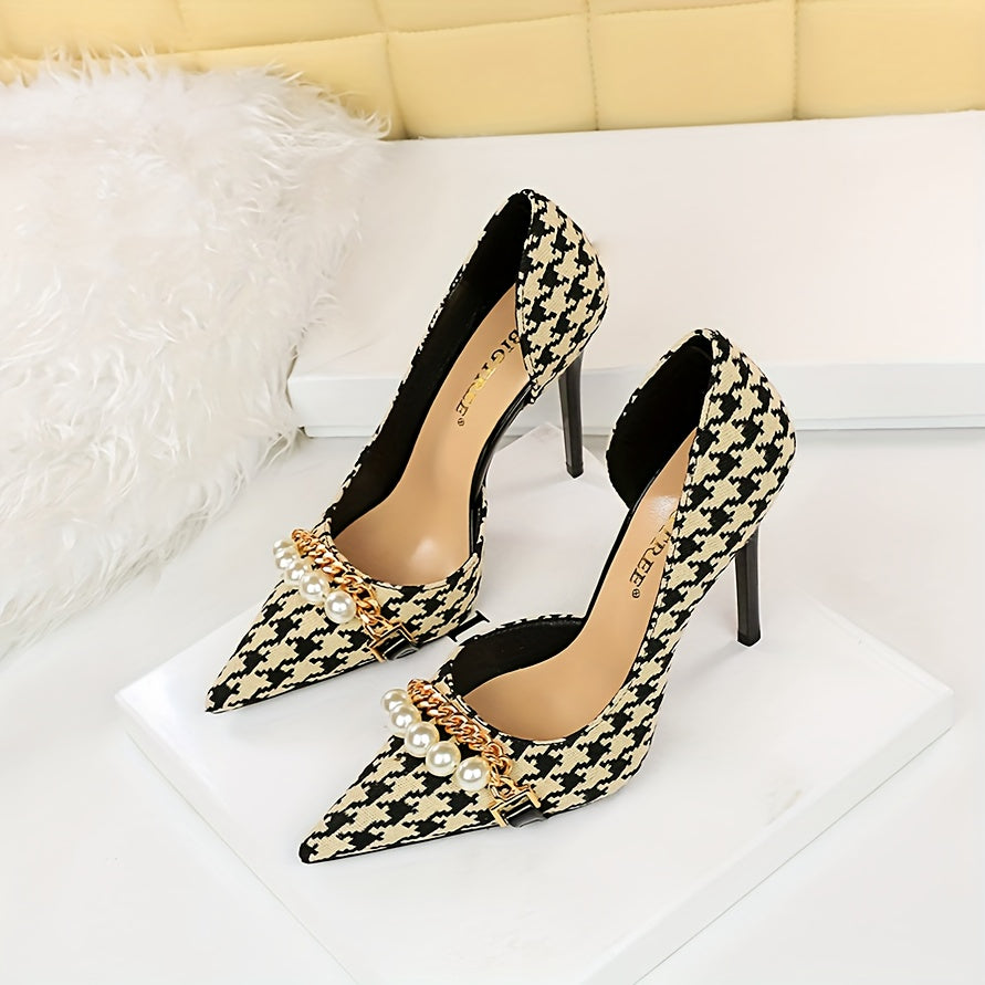 [Perfect Heel for Modern Woman] Womens Elegant Stiletto Heels, Thousand bird plaid pattern pattern collocation Dazzling Faux Pearl and metal Chain Decor, Wedding Evening Dress Office Party Dating Shoes, sleek pointed toe, eye