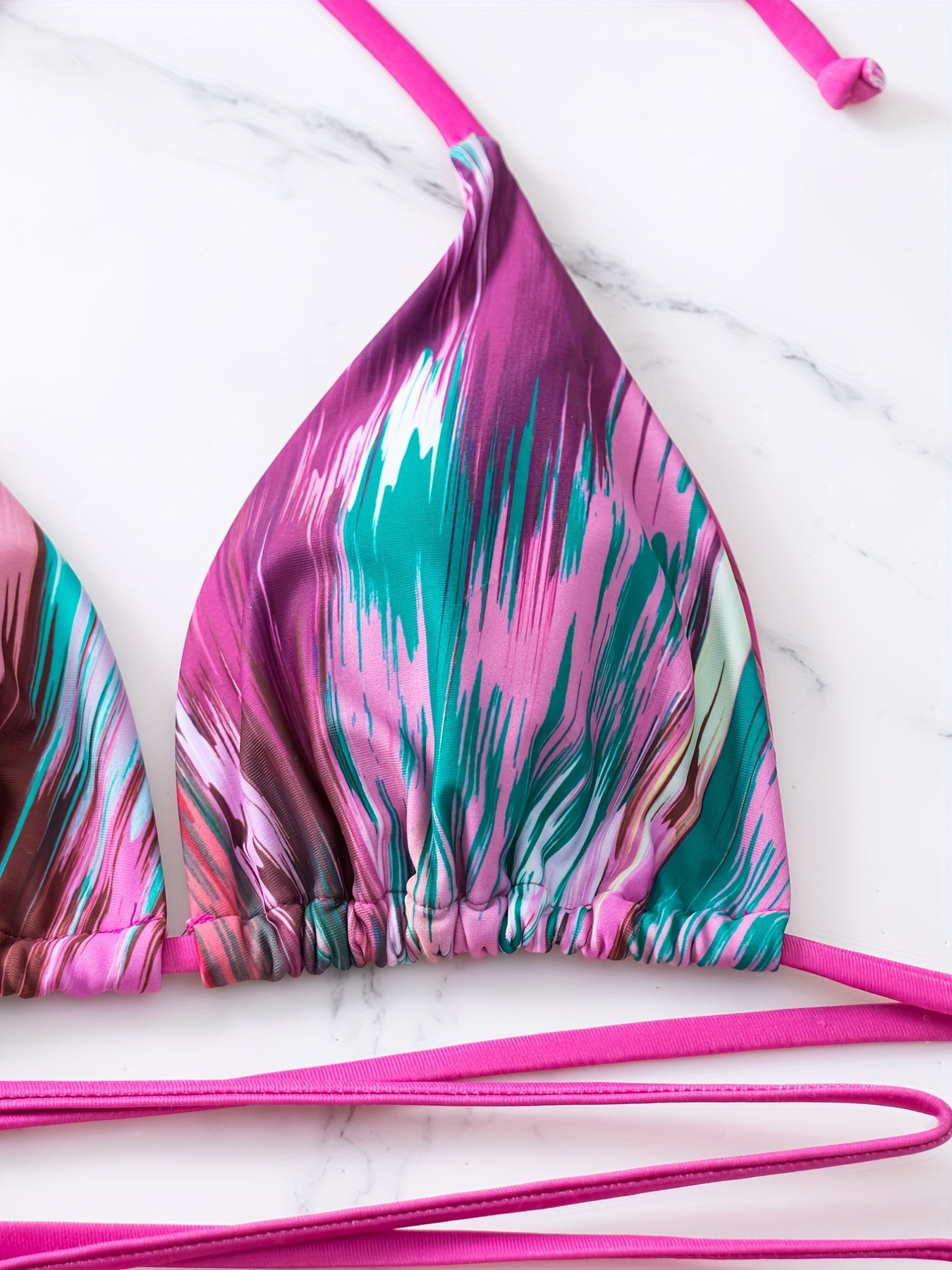Two-Piece Multicolored Halter Neck Bikini Set - High Stretch, Lace-Up, Triangle Tie Back, Backless, High Cut, Random Print - Womens Swimwear & Clothing