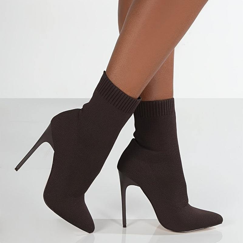 1pr Women'S Mid-Calf Sock Boots - Casual Solid Color Slip-On Pointed Toe Stiletto Heels with Knitted Fabric Upper, Inner & Sole, Flannel Insole - All-Season Stretchy Knit Ankle Booties
