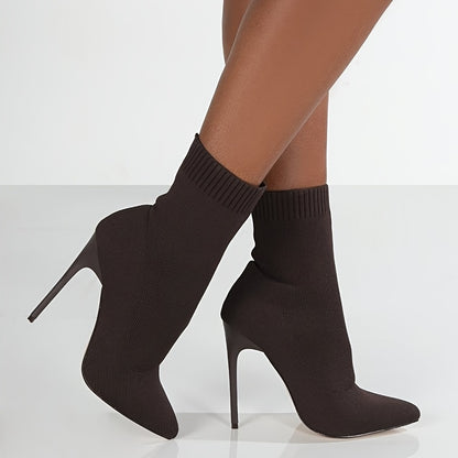 1pr Women'S Mid-Calf Sock Boots - Casual Solid Color Slip-On Pointed Toe Stiletto Heels with Knitted Fabric Upper, Inner & Sole, Flannel Insole - All-Season Stretchy Knit Ankle Booties