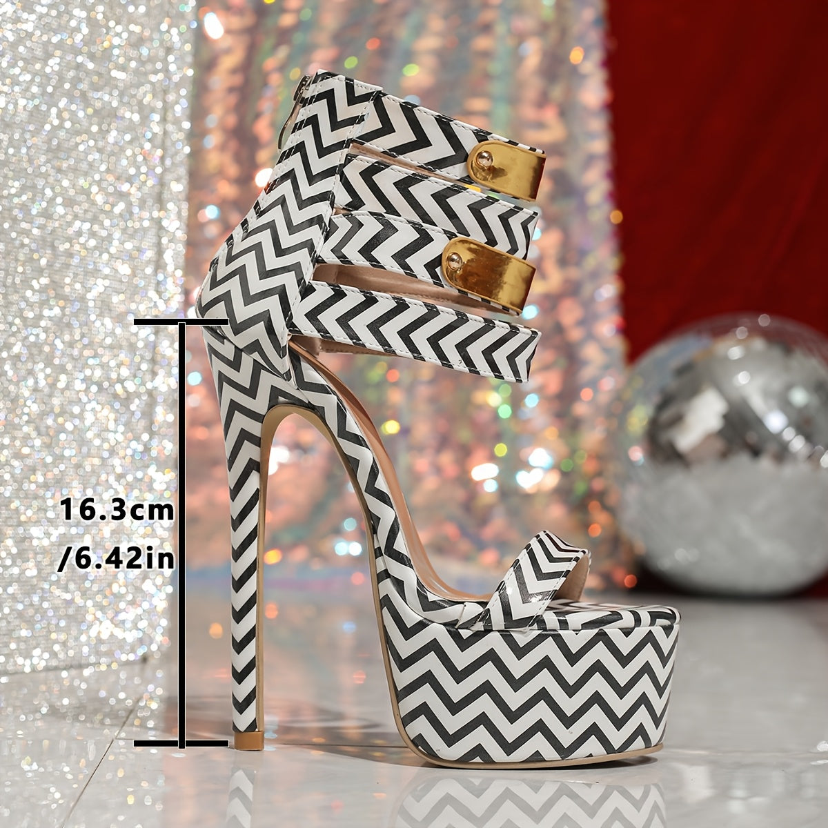 Women's Black & White Chevron Pattern Stiletto Sandals with Golden Zipper Detail, Open Toe, 6.3inch High Heels, Fashion Platform Shoes, Sizes 35-42, Chic Event Footwear | Zipper Ankle Strap | Rubber Sole Stability