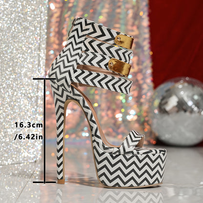 Women's Black & White Chevron Pattern Stiletto Sandals with Golden Zipper Detail, Open Toe, 6.3inch High Heels, Fashion Platform Shoes, Sizes 35-42, Chic Event Footwear | Zipper Ankle Strap | Rubber Sole Stability