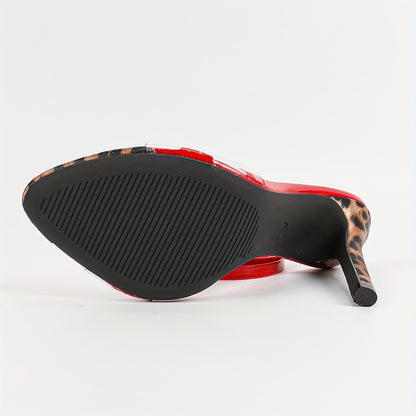 Women'S Round Toe Leopard Print Transparent Glass Glue One-Strap Ankle Wrap Stiletto Heels, Sexy Fashion Party Red High Heels