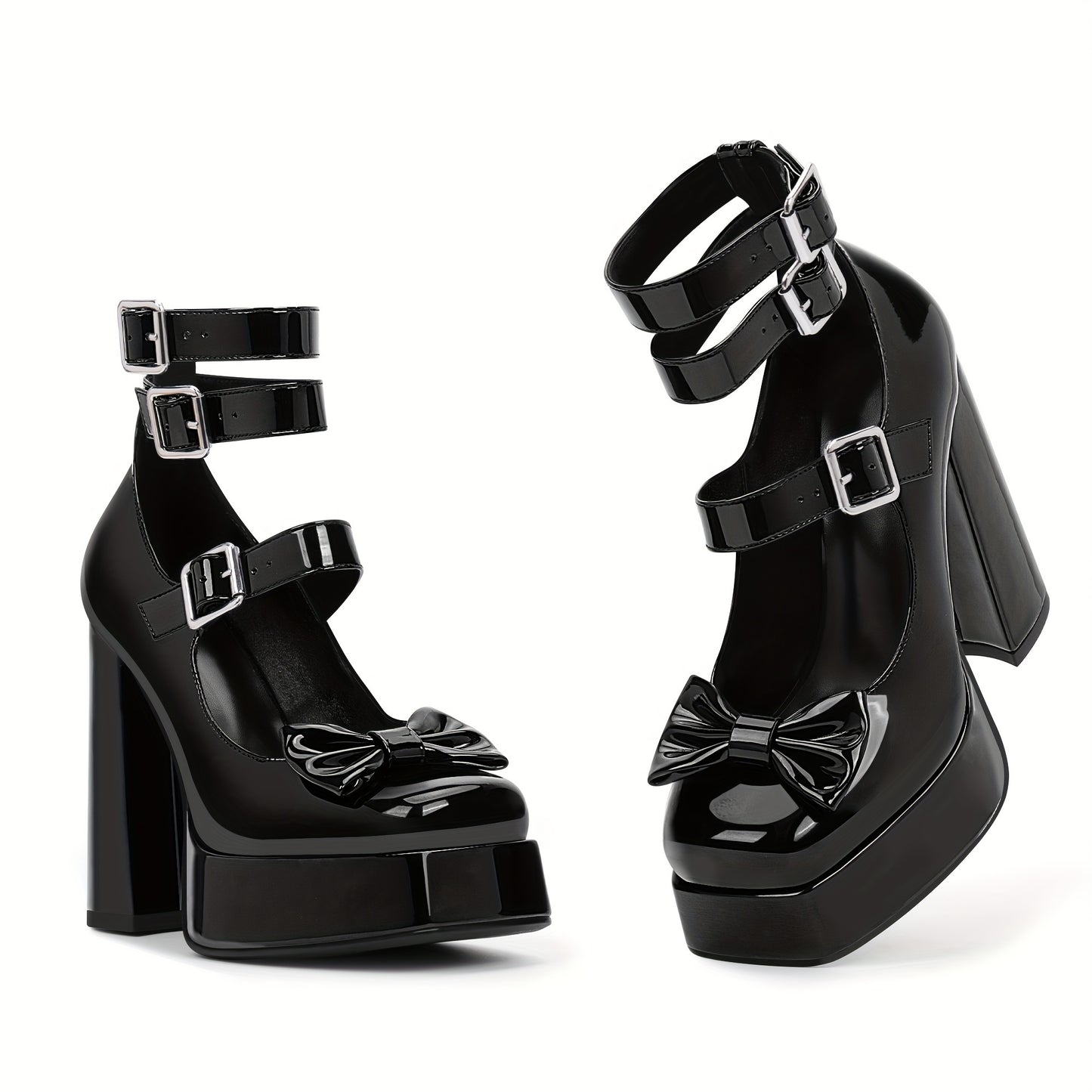 Women's Sweet Bow Platform Mary Jane Pumps Ankle Strap Closed Toe Patent Leather Block High Heels Goth Shoes