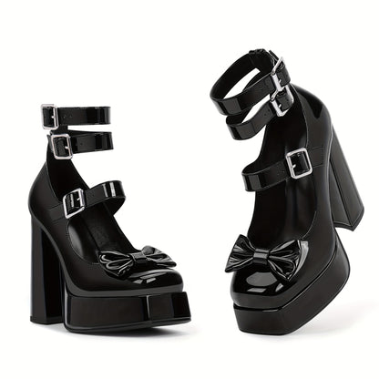 Women's Sweet Bow Platform Mary Jane Pumps Ankle Strap Closed Toe Patent Leather Block High Heels Goth Shoes