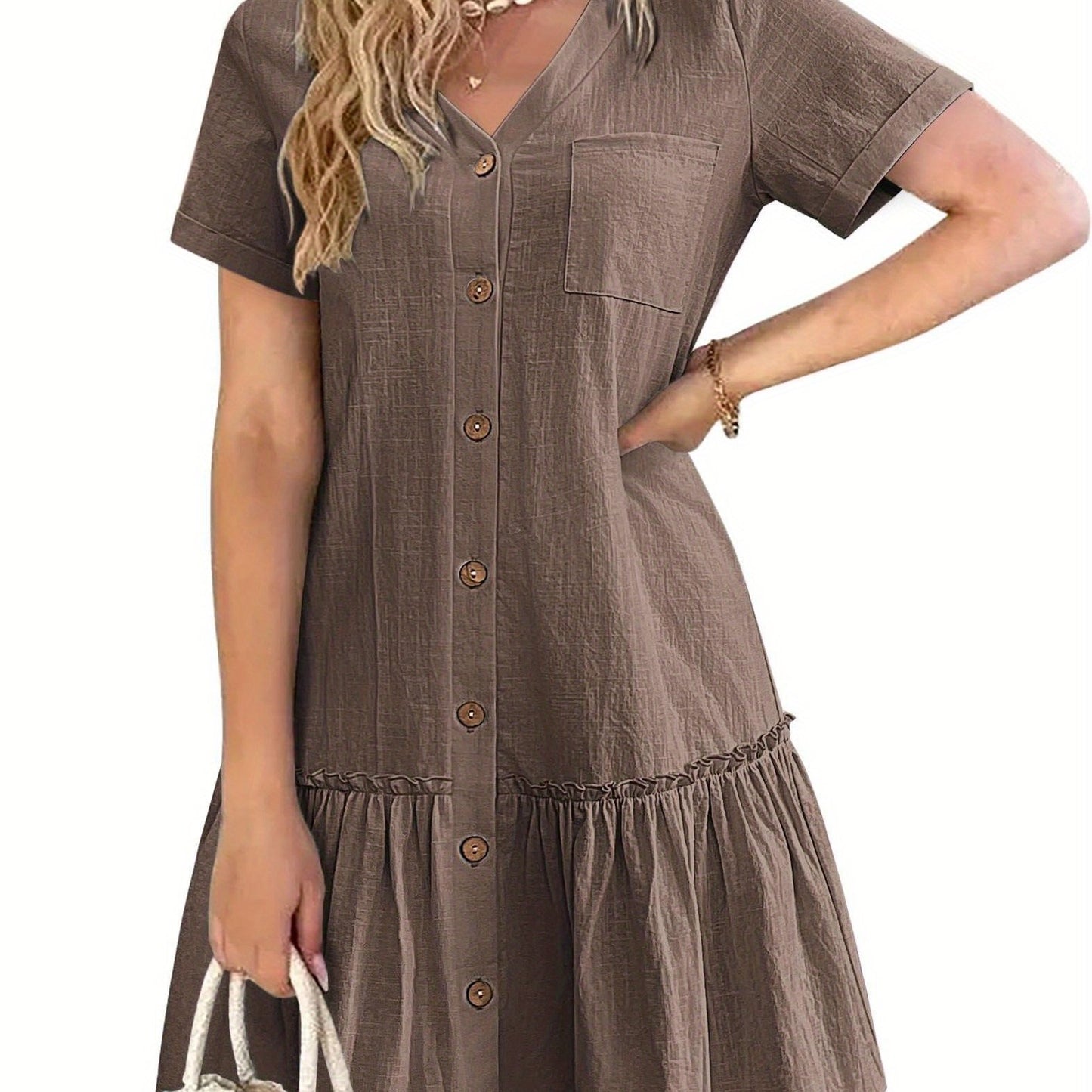 Women's Casual Short Sleeve Button- Dress with Ruffle Hem - Lightweight 300gsm V-Neck Tunic Shirt Dress, Machine Washable Summer Dress for Beach Outings & Casual Wear, Summer Casual Dress | Ruffle Hem Dress | Breathable Fabri