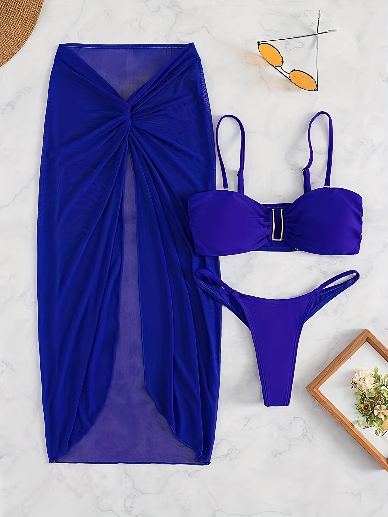 Solid Color 3 Piece Set Bikini, U-Wire High Cut With Cover Up Skirt Swimsuits - Polyester - For Women - Perfect for Beach Vacations & Pool Parties - Ideal Gift for Summer