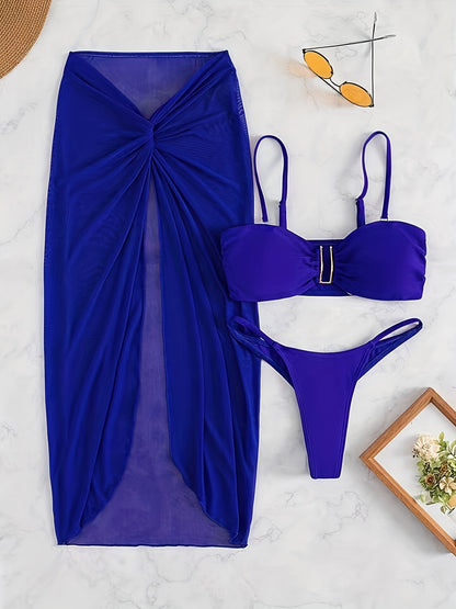Solid Color 3 Piece Set Bikini, U-Wire High Cut With Cover Up Skirt Swimsuits - Polyester - For Women - Perfect for Beach Vacations & Pool Parties - Ideal Gift for Summer