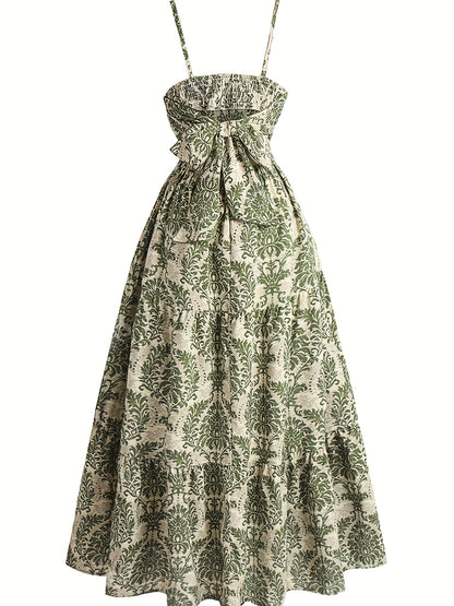 ZD122951 Floral Print Strapless Bow Back Summer Dress - A-Line Waist Accentuating Vacation Dress for Women, Polyester Blend, Green & Beige, Machine Washable, Elegant Beach & Garden Party Outfit, Beach Dresses