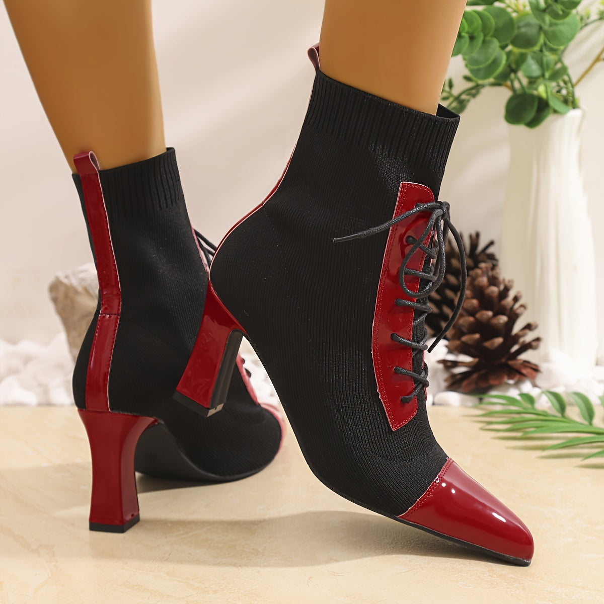 Black and Red Classic Combination Pointed Women's High Heels Short Boots Thick Heels with Adjustable Laces Comfortable Street Shoes Outdoor Boots