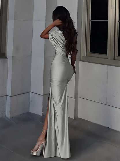 Elegant Off-Shoulder Long Gown with High Slit - Sexy, Bodycon, Sleeveless, Solid Color, Summer Dress for Adults, Evening Attire|Sophisticated Style|Sleek Fit