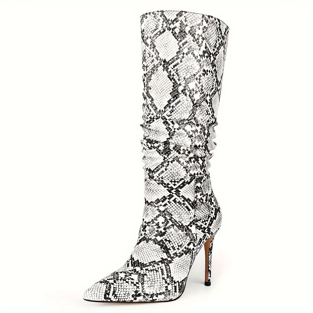 Women's Snakeskin Knee High Boots: Exquisite Pointed Toe, Fine High Heels, Pleated Design